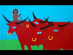 Four Red Bulls Print